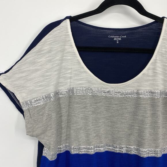 Coldwater Creek Sequin Striped Cap Sleeve Top Women size 1X Blue Gray Roundneck - Picture 5 of 9